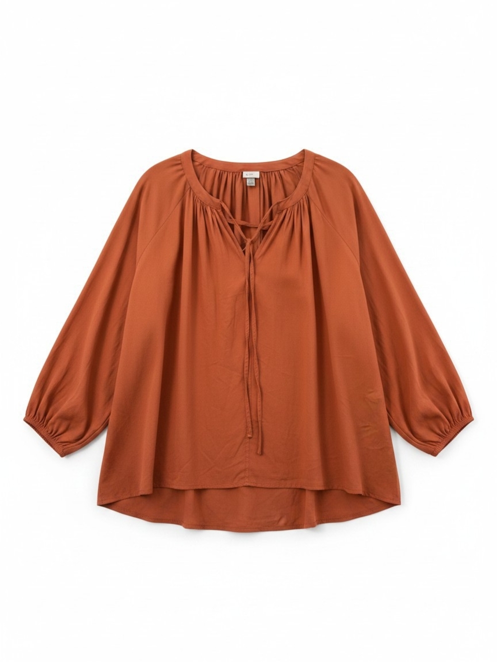 A New Day Linen Blend Rust Boho Blouse XXL | Tie Neck Peasant Top | Relaxed Flow - Picture 4 of 10